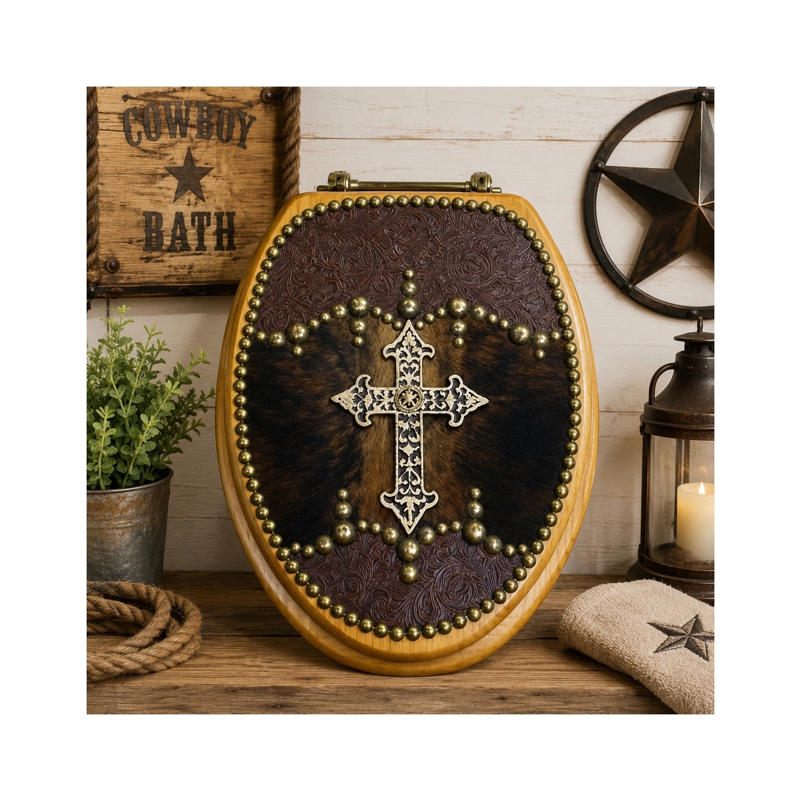 Western Cross Cowhide Toilet Seat